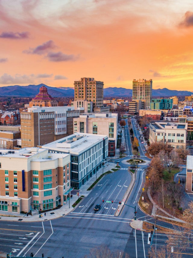 drone footage of downtown - Asheville NC